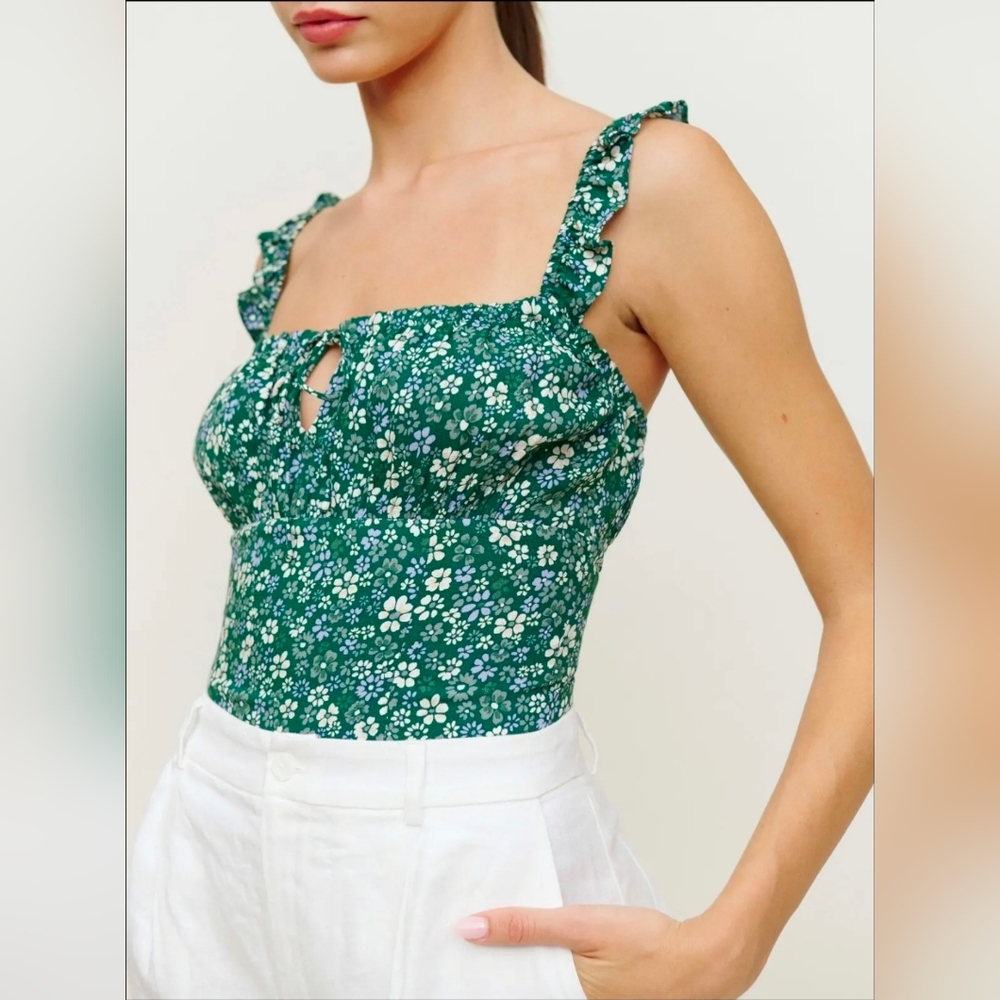 Reformation Cortese Saskia Floral Green Ruffle Strap Top Size 10